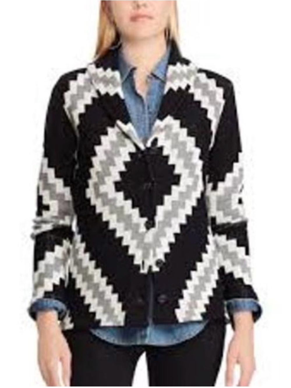 Chaps Black & Gray Aztec Geometric Open Front Cardigan